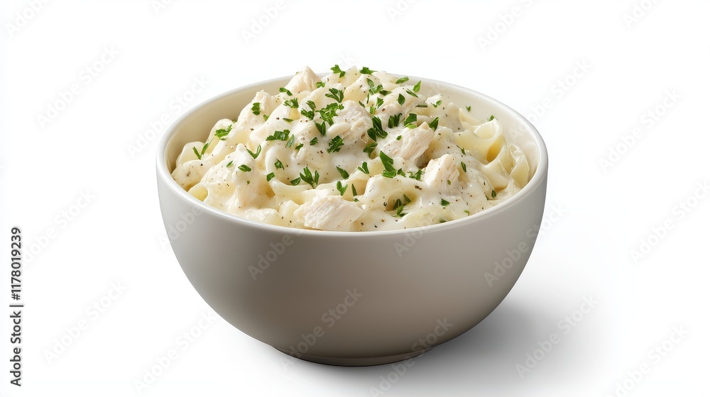 A bowl of creamy chicken alfredo pasta with a sprinkle of parsley on a white isolated background A bowl of creamy chicken alfredo pasta with a sprinkle of parsley on a white isolated background