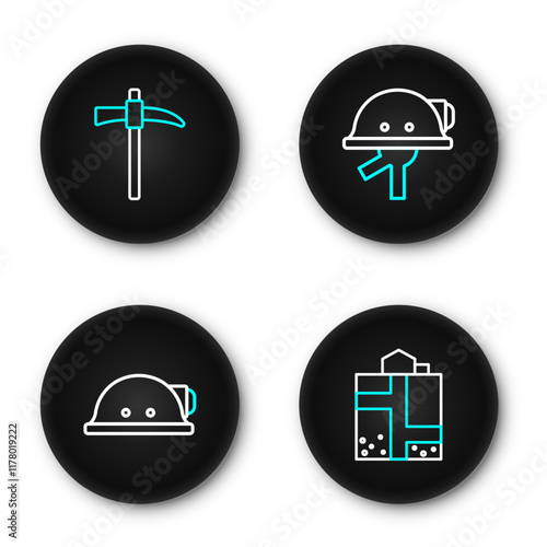 Set line Mine entrance, Miner helmet, and Pickaxe icon. Vector