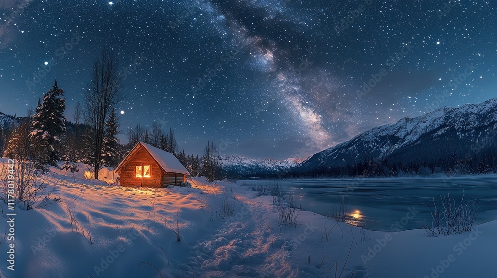 Fototapeta premium Cozy cabin glowing warmly in snowy landscape under breathtaking starry sky and Milky Way, surrounded by mountains and frozen lake, creating peaceful winter night scene.