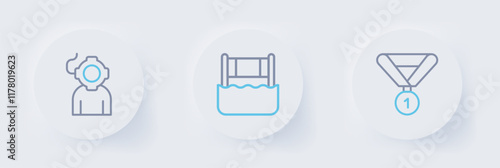 Set line Medal, Water volleyball net and Aqualung icon. Vector