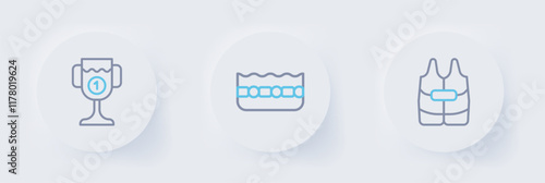 Set line Life jacket, Swimming pool and Award cup icon. Vector