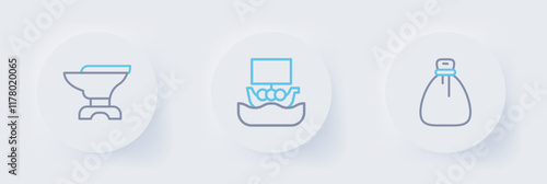 Set line Old money bag, Viking ship Drakkar and Anvil for blacksmithing icon. Vector