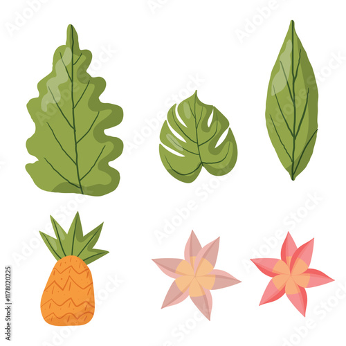 Collection of tropical elements including green leaves, a pineapple, and pastel flowers. Perfect for botanical designs, eco-themed projects, packaging, and decorative purposes