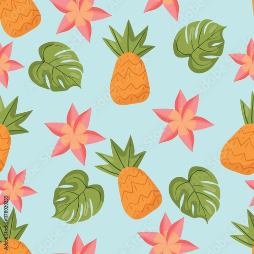 Seamless tropical pattern featuring pineapples, green leaves, and pink flowers on a light blue background. Perfect for summer designs, textiles, packaging, and decorative projects