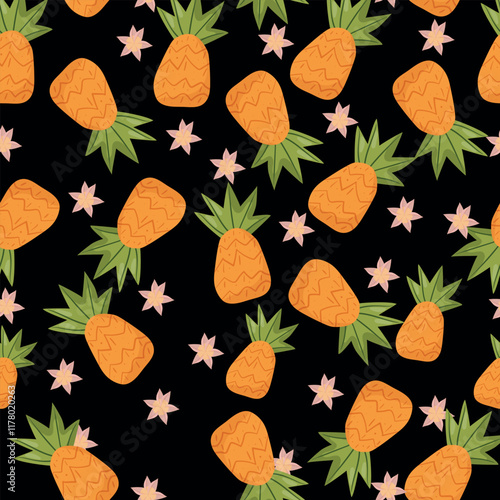 Seamless pattern featuring bright orange pineapples and pink flowers on a black background. Perfect for tropical-themed designs, textiles, packaging, and vibrant decorations, optimized for top search 