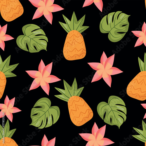 Seamless pattern featuring bright orange pineapples and pink flowers on a black background. Perfect for tropical-themed designs, textiles, packaging, and vibrant decorations, optimized for top search 
