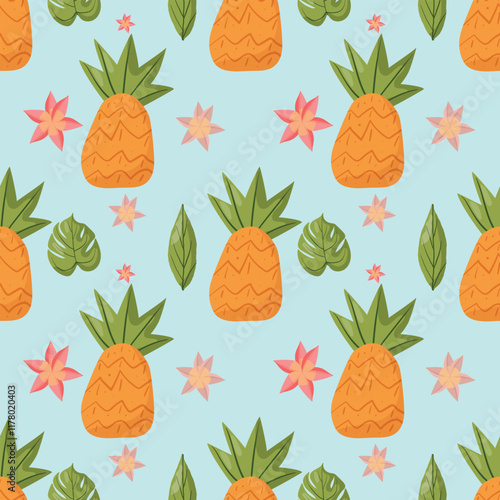Seamless tropical pattern featuring pineapples, green leaves, and pink flowers on a light blue background. Ideal for summer designs, textiles, packaging, and decorative projects
