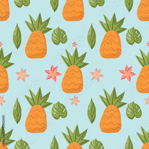 Seamless tropical pattern featuring pineapples, green leaves, and pink flowers on a light blue background. Ideal for summer designs, textiles, packaging, and decorative projects