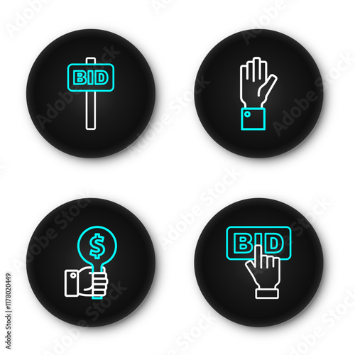 Set line Bid, Hand holding auction paddle, and icon. Vector