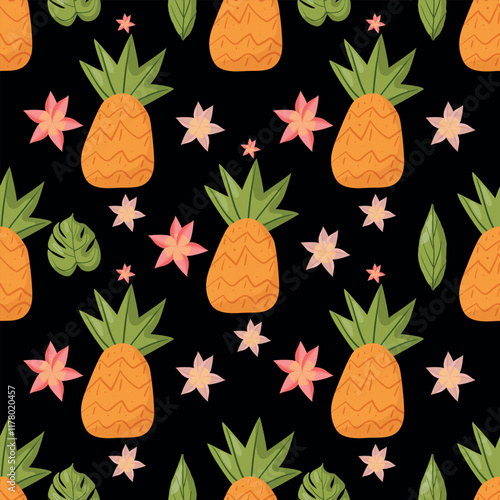 Seamless pattern featuring bright orange pineapples and pink flowers on a black background. Perfect for tropical-themed designs, textiles, packaging, and vibrant decorations, optimized for top search 