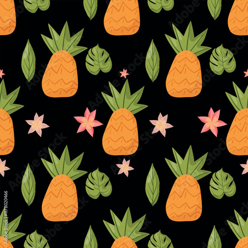 Seamless pattern featuring bright orange pineapples and pink flowers on a black background. Perfect for tropical-themed designs, textiles, packaging, and vibrant decorations, optimized for top search 