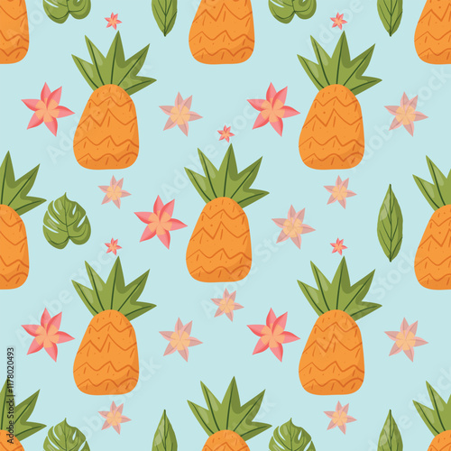 Seamless tropical pattern featuring pineapples, green leaves, and pink flowers on a light blue background. Ideal for summer designs, textiles, packaging, and decorative projects