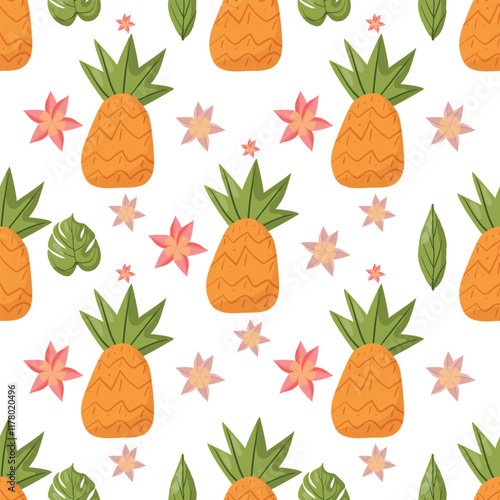 Seamless tropical pattern featuring pineapples, green leaves, and pink flowers on a light blue background. Perfect for summer designs, textiles, packaging, and decorative projects