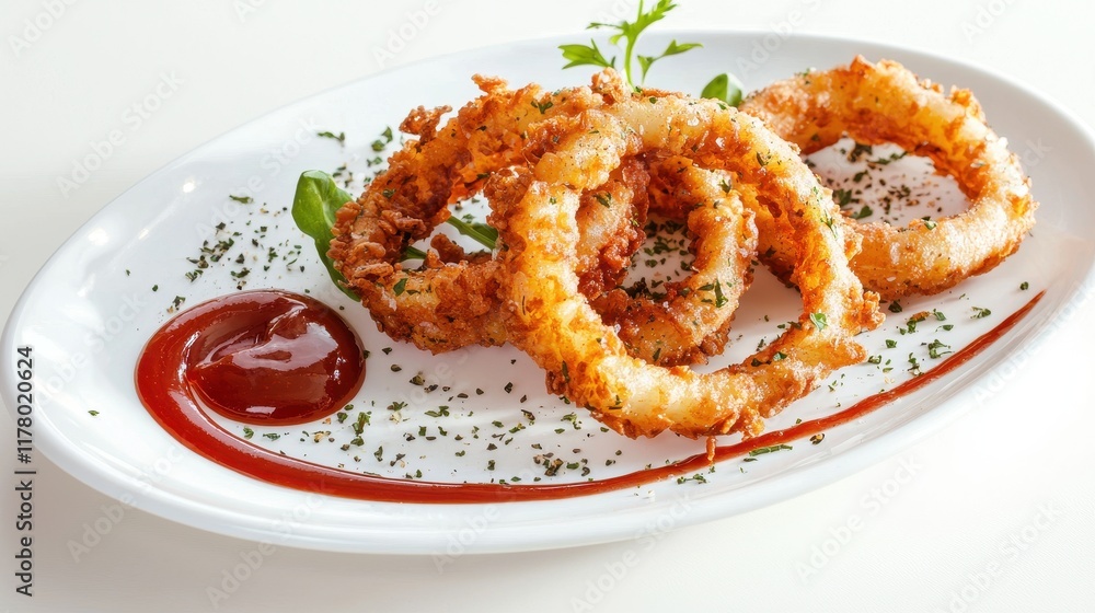 A plate of crispy fried onion rings with ketchup on a white isolated background A plate of crispy fried onion rings with ketchup on a white isolated background