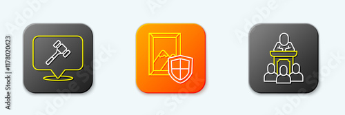 Set line Auction hammer, Price tag with Sale and auctioneer sells icon. Vector