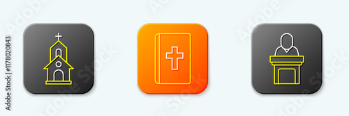 Set line Church building, Holy bible book and pastor preaching icon. Vector
