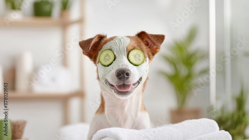 Dog spa relaxation concept. Happy dog with a cucumber facial treatment in a spa-like setting.