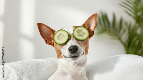 Dog spa relaxation concept. Dog relaxing with cucumber slices on its eyes in a cozy setting.