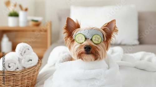 Dog spa relaxation concept. Relaxed dog with cucumber slices and spa treatment in a cozy setting.