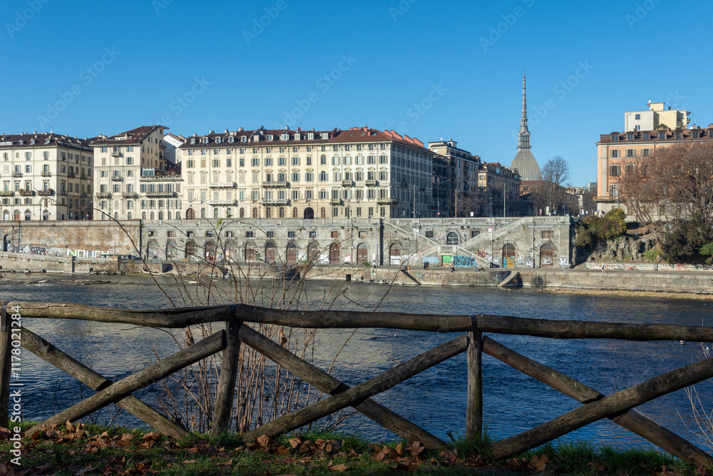 Fototapeta premium View of Turin centre with Mole Antonelliana and Piazza Castello-Italy