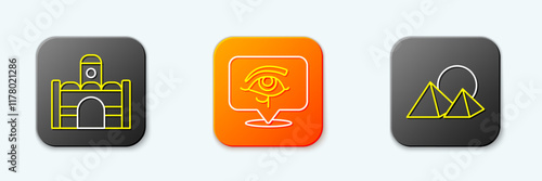 Set line Egyptian house, Eye of Horus and pyramids icon. Vector