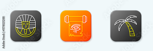 Set line Egyptian pharaoh, Eye of Horus on papyrus scroll and Scarab icon. Vector