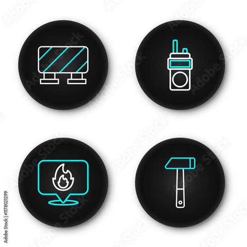 Set line Hammer, Location with fire flame, Walkie talkie and Road barrier icon. Vector