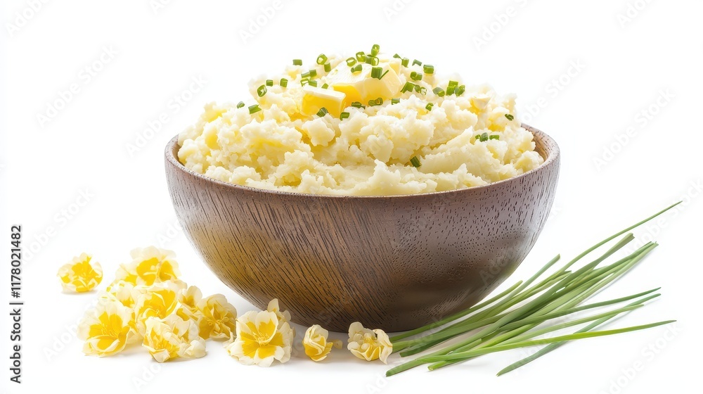 A bowl of mashed potatoes with butter and chives on a white isolated background A bowl of mashed potatoes with butter and chives on a white isolated background