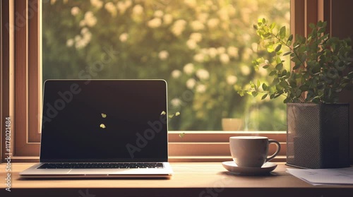 Wallpaper Mural Cozy coffee and laptop by the window with soft rays of light streaming in on a peaceful morning  
Seamless looping 4k time-lapse virtual video animation Generated AI Torontodigital.ca