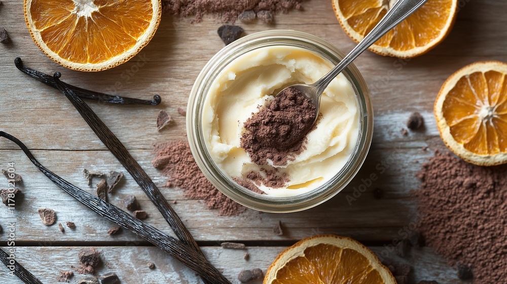 jar of shea butter with a spoon dipping into it, surrounded by dried orange slices, vanilla pods, and cocoa powder on a rustic wooden surface