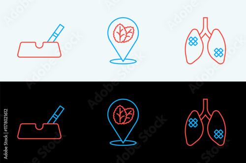 Set line Disease lungs, Ashtray with cigarette and Tobacco leaf icon. Vector