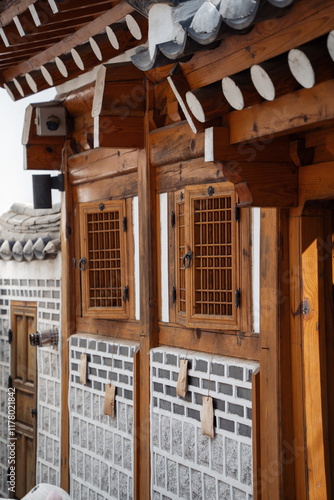 Closeup of facade wall of traditional Korean house photo