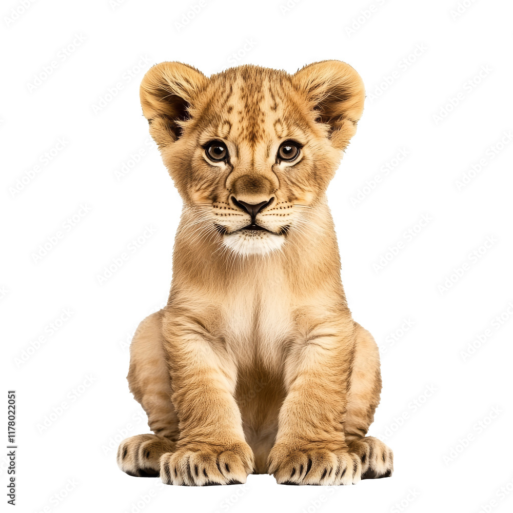 Lion Cub Sitting Playfully on White Background Lion Cub Sitting Playfully on White Background