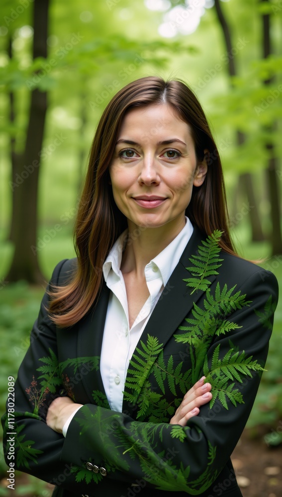 Eco-friendly business woman in a double exposure image within a lush green forest Eco-friendly business woman in a double exposure image within a lush green forest