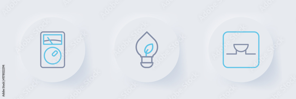 Set line Buzzer in electronic circuit, Light bulb with leaf and Ampere meter, multimeter icon. Vector Set line Buzzer in electronic circuit, Light bulb with leaf and Ampere meter, multimeter icon. Vector