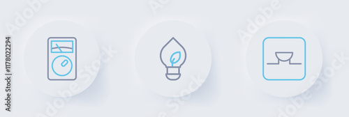 Set line Buzzer in electronic circuit, Light bulb with leaf and Ampere meter, multimeter icon. Vector