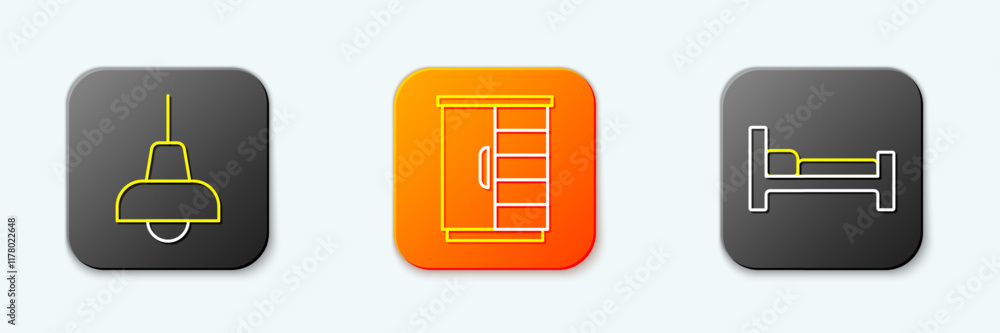 Set line Lamp hanging, Wardrobe and Bed icon. Vector Set line Lamp hanging, Wardrobe and Bed icon. Vector