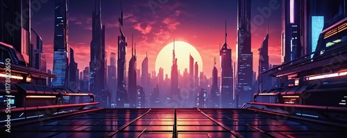 Futuristic skyline with vibrant sunset over a sprawling cityscape filled with towering skyscrapers