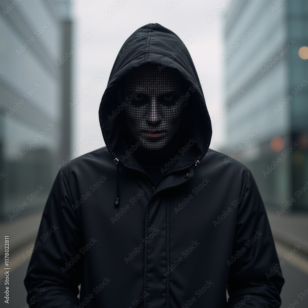 Mysterious figure cloaked in digital coding Cybersecurity hacking digital crime themes Mysterious figure cloaked in digital coding Cybersecurity hacking digital crime themes