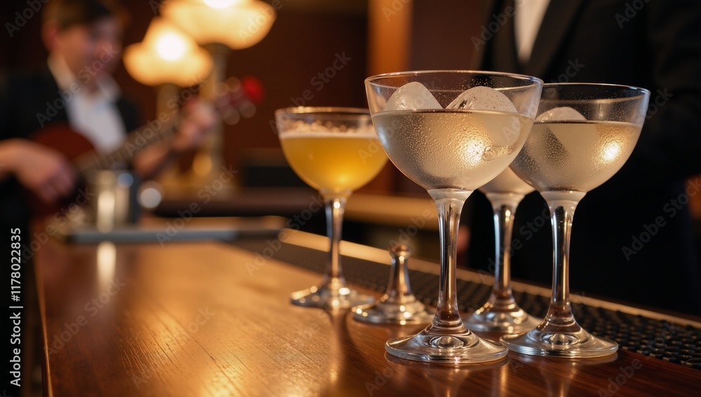 Close-up shot of cocktail glasses with background ambiance of live music Close-up shot of cocktail glasses with background ambiance of live music