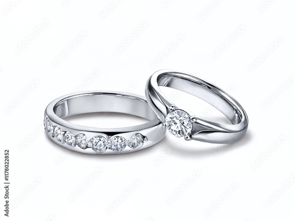 Elegant diamond wedding rings displayed on a light background showcasing fine craftsmanship and classic design Elegant diamond wedding rings displayed on a light background showcasing fine craftsmanship and classic design