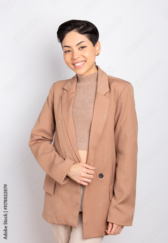 studio portrait of modern businesswoman over white background studio portrait of modern businesswoman over white background