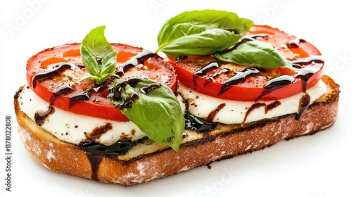 A fresh tomato, basil, and mozzarella sandwich with balsamic glaze on a white isolated background photo