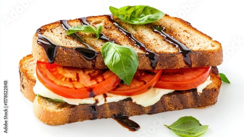 A fresh tomato, basil, and mozzarella sandwich with balsamic glaze on a white isolated background photo