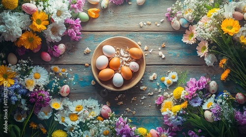 Bowl of brown and white eggs surrounded by colorful spring flowers on rustic wooden table, creating vibrant Easter-themed arrangement with fresh, natural charm.