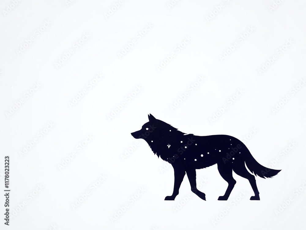 Fototapeta premium Silhouette of a wolf with starry patterns walking against a plain backdrop during nighttime