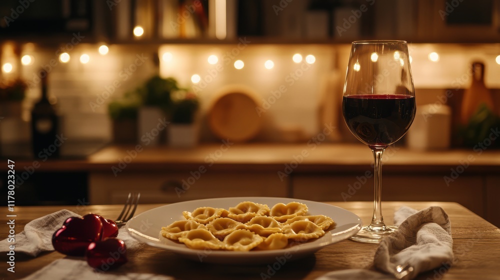 Fototapeta premium romantic dinner setting, valentines dinner setup small table for two with heart-shaped ravioli, red wine, in a warm, cozy kitchen