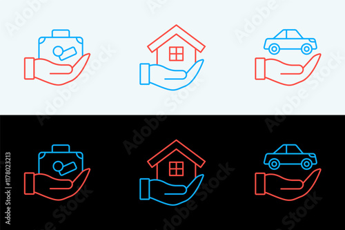 Set line Car insurance, Travel suitcase hand and House icon. Vector