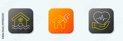 Set line House flood, and lightning and Life insurance icon. Vector