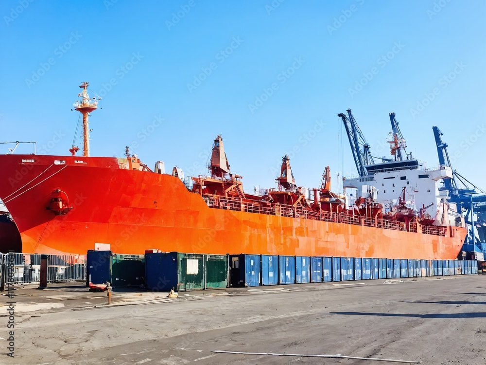 Fototapeta premium Container ship docked at a busy port with clear skies and cranes in the background